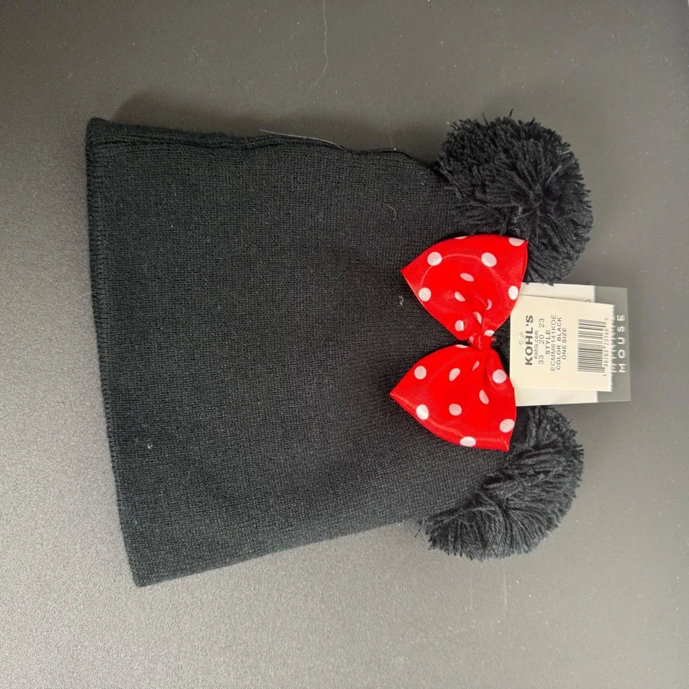 Disney Minnie Mouse Beanie Kids One Size Black Red Polka Dot Bow Pom Pom Ears